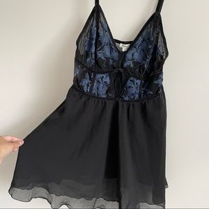 Soma Floral Black and Blue Embroidered Lace Babydoll Dress Size Large
